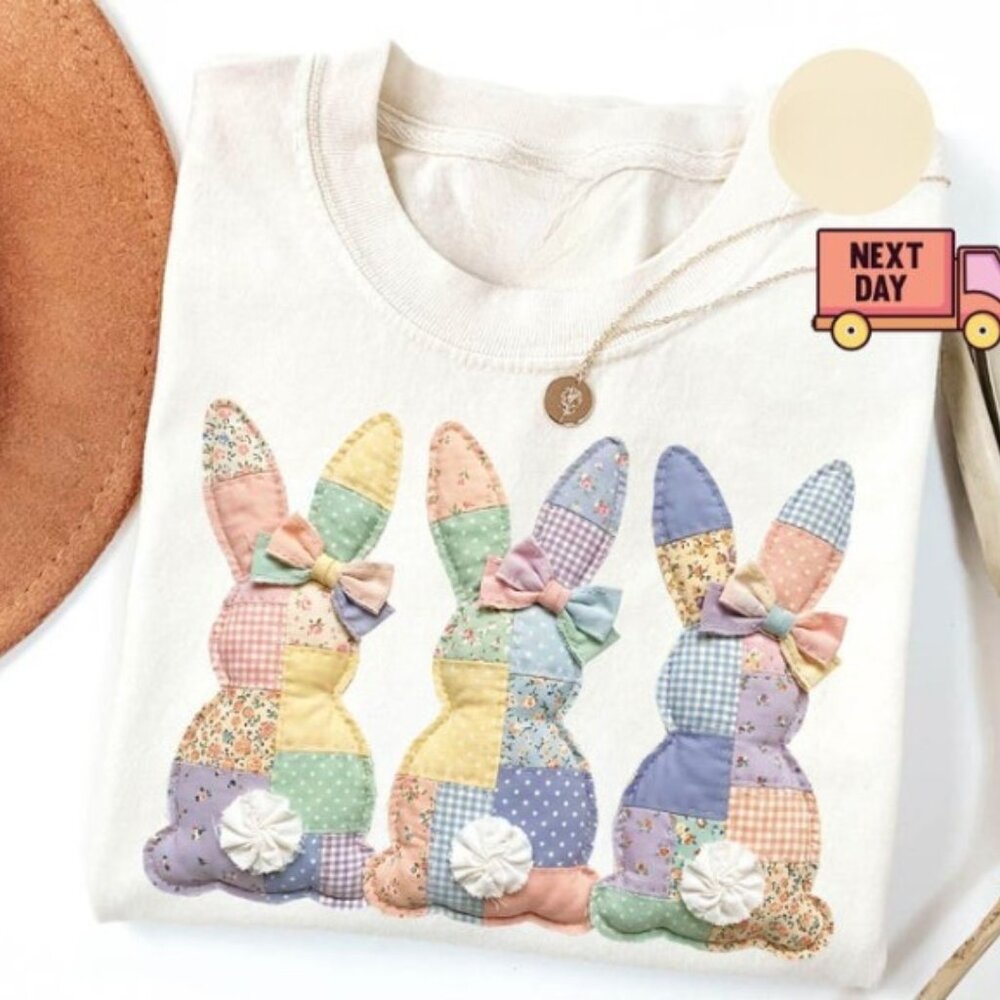 Patchwork Bunny Shirt, Vintage Easter Shirt, Spring Floral Graphic Shirt - Picture 1 of 3